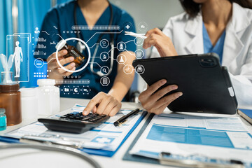 Doctor hold tablet, conduct financial transactions with calculate expenses - income and data...