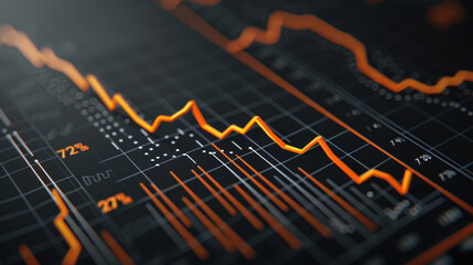 Rapid fluctuations in financial data are depicted in this dynamic chart, showcasing significant decline in stock performance. vibrant orange lines contrast against dark background, emphasizing