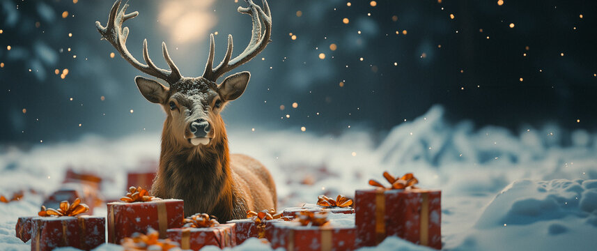 Renntier mit Geschenken, ideal f&uuml;r Banner, Webseiten und Verkaufsaktionen zu Weihnachten - Platz f&uuml;r Text.