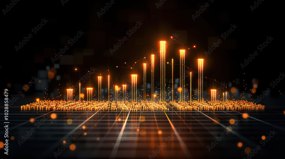 Poster dynamic financial chart showcasing upward trend with glowing bars and data points, symbolizing growt