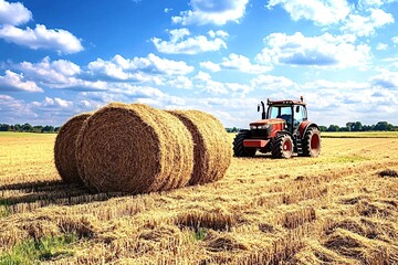 Red tractor standing on a field with hay bales on a sunny day with clouds