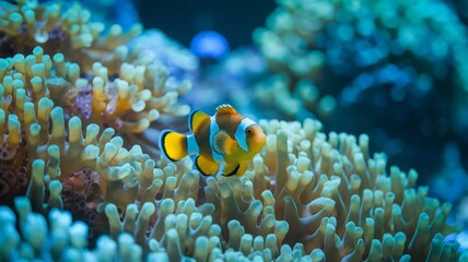 Clown fish swimming among corals, underwater, marine life concept.