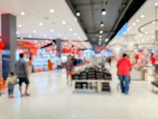 Blurred image of people walking and shoping at atmosphere of shopping in a leading shopping center decorated in a modern way.