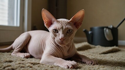 Red sphynx cat laying on the floor indoor