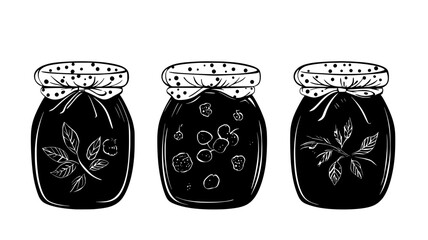 Jars of homemade jam with fabric tops, illustration art