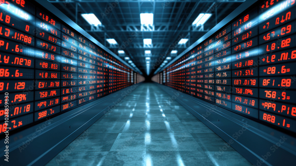 Poster futuristic financial data display showcasing corridor filled with glowing red numbers and charts, sy