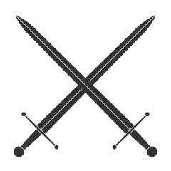 WebSword vector illustration icon. Crossed swords military or heraldry symbol. Protection and security sign. Medieval or knight weapon. Fantasy longsword fencing logo. Clip-art silhouette.