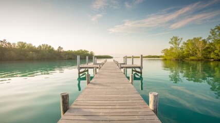 Obraz premium Landscape with wooden pier with lake and sunset in the background