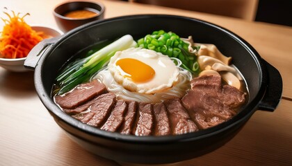 柔らかい和牛の細切り、豆腐、椎茸、春雨、ネギを鉄鍋で調理し、甘めの醤油で味付けし、生卵を添えて食べる古典的なすき焼き料理です。