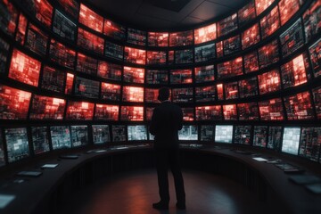 Cybersecurity Analyst in Control Room with Monitors
