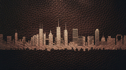 Brown leather background with a beige city skyline, modern urban design, perfect for a city-themed project. 
