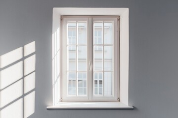 Obraz premium White Window with Paneled Glass and a Shadow on a Gray Wall