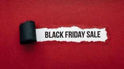 Black text on white paper, red background, ripped paper, Black Friday sale, excitement and anticipation for shopping deals. 
