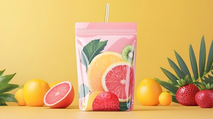 Vibrant Smoothie Pouch with Straw on Yellow Background