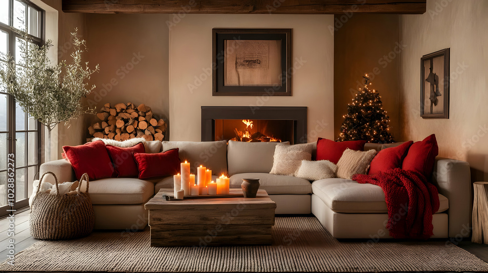 Canvas Prints Cozy living room with a warm ambiance and festive decor.