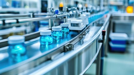 Fototapeta premium A conveyor belt with bottles of blue liquid on it