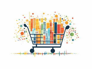 Flat Abstract Bokeh Shopping Cart and Wealth Chart Concept - A Floating Cart and Chart against Soft Bokeh Background Symbolizing Retail Wealth and Market Trends in a Simple Flat Vector Illustration