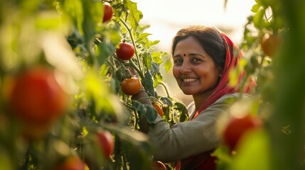 Farmer and agricultural occupation. Happy Indian female worker working on harvesting ripe tomatoes at a farm
