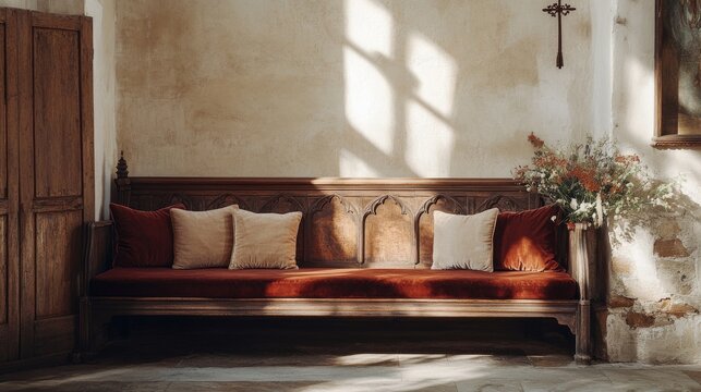 An empty scene featuring a long wooden church pew adorned with hand-carved crosses and velvet cushions, creating an ideal product mockup space
