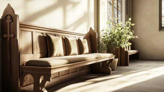 An empty scene featuring a long wooden church pew adorned with hand-carved crosses and velvet cushions, creating an ideal product mockup space