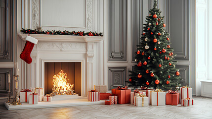 A decorated Christmas tree and presents sit next to a fireplace with a burning fire in a stylishly decorated room.