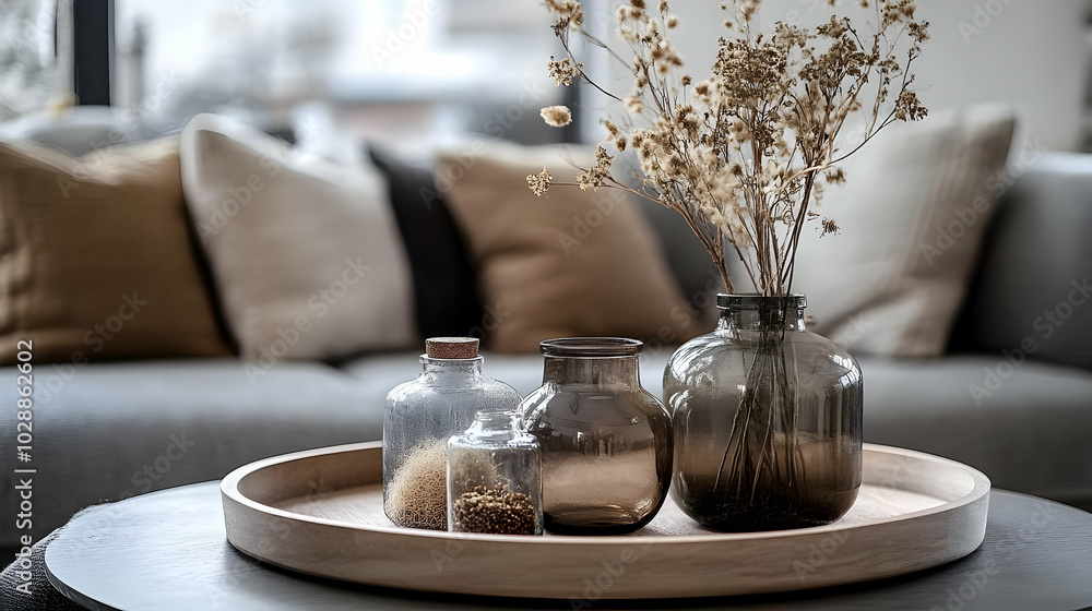 Wall mural Elegant decor with vases and dried flowers on a wooden tray.