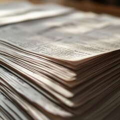 A close-up view of a stacked pile of newspapers, showcasing the texture and details of printed news articles.