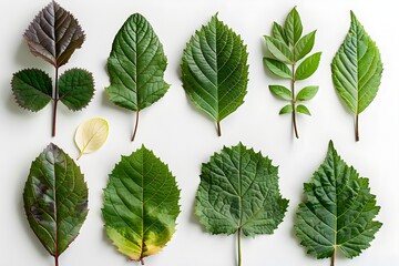 A bunch of different types of leaves on a white surface