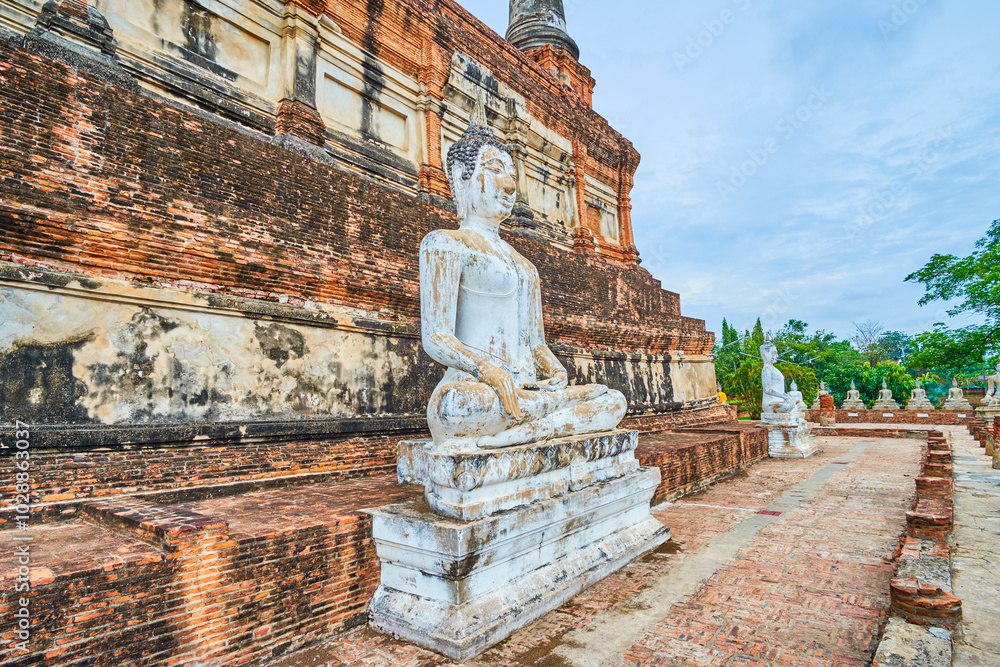 Wall mural Sitting Buddha statues of Wat Yai Chai Mongkhon, Ayutthaya, Thailand