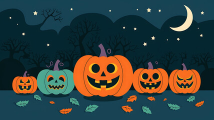 Smiling orange and green jack-o'-lanterns in a spooky forest for Halloween celebration. 
