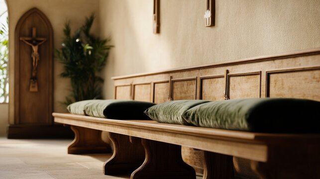An empty scene featuring a long wooden church pew adorned with hand-carved crosses and velvet cushions, creating an ideal product mockup space