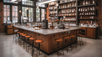 modern laboratory filled with various equipment, including glassware and storage, showcases blend of functionality and style. warm wooden accents and organized layout create inviting atmosphere