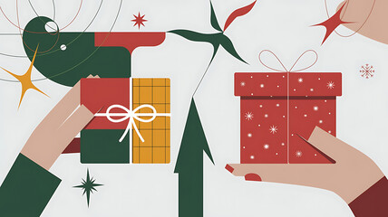 Abstract Christmas Gift Exchange with Red and Green Presents and Hands 
