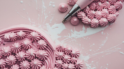 Pink and white frosting swirls, piping bag, and splattered cream, a sweet and playful concept for baking and dessert. 
