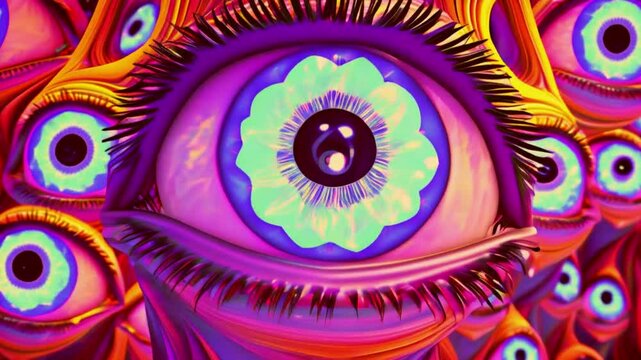 Giant cartoon eyes multiply, blink, and morph into fractals, kaleidoscopic patterns that pulse with every movement, set to trippy, rhythmic beats, 4k High-Quality background Animation Video