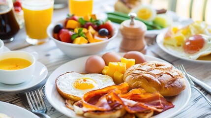 Different meals served for breakfast on wooden table, flat lay
