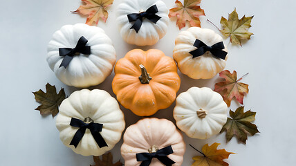 A cluster of small, decorated pumpkins in various shades of white and orange, surrounded by autumn leaves.

