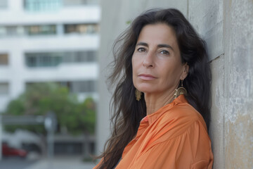 Fototapeta premium Middle-aged Israeli woman with long dark hair, wearing earrings and an orange shirt leaning against a wall in front of an office building in Tel Aviv, looking at the camera