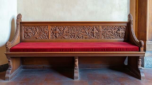 An empty scene featuring a long wooden church pew adorned with hand-carved crosses and velvet cushions, creating an ideal product mockup space