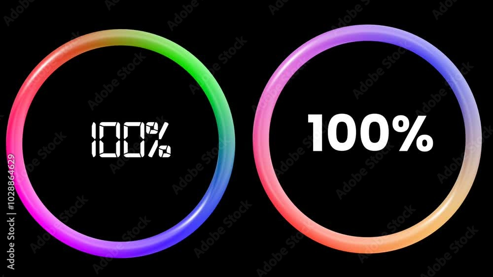 Poster progressing 3d circles with multiple colors and 0 to 100% filling on black background
