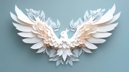 Fototapeta premium Paper cut angel wings with fine feather details, creating a spiritual and delicate decoration, paper cut angel, delicate spiritual design