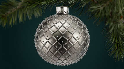 Obraz premium A metallic gray, diamond-patterned Christmas ornament hangs against a teal backdrop. 