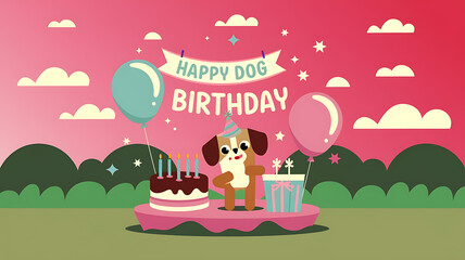 Fototapeta premium Cute cartoon dog celebrating birthday with cake and balloons, perfect for pet-themed birthday cards or merchandise. 