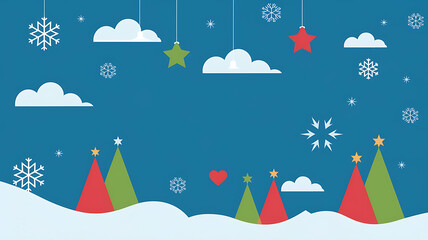 Christmas-themed flat design background with stylized trees, clouds, ornaments, and snowflakes.
