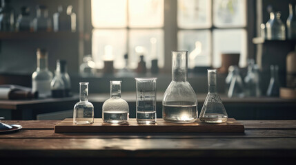 laboratory scene featuring various chemical glassware, including flasks and beakers, arranged on wooden surface. warm light creates serene atmosphere, perfect for scientific exploration