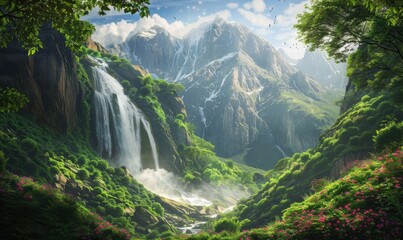 Majestic waterfall in a lush valley, 4K hyperrealistic photo