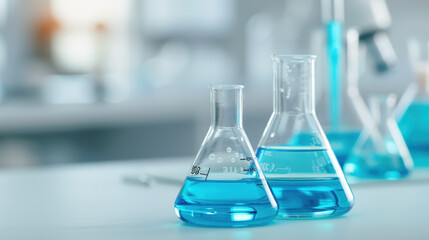 Laboratory setup with chemical glassware, including flasks and beakers filled with blue liquid, showcasing scientific environment