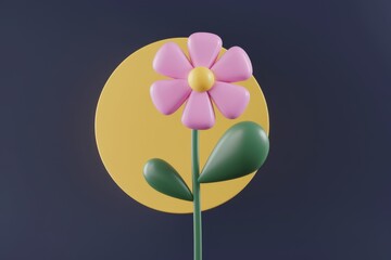 Pink flower in yellow circle, black background.