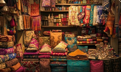 Fototapeta premium Colorful textiles, pillows, and spices in a market stall.