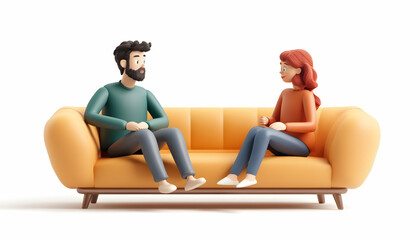 A 3D illustration of a cartoon man and woman seated on a sofa, gazing at each other, representing connection